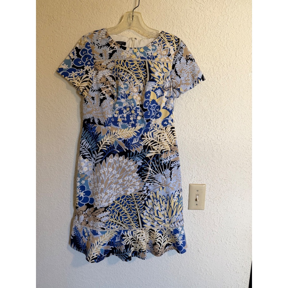 Talbots Petites‎ Blue Yellow Botanical Paisley Flounce Hem Sheath Dress 2P